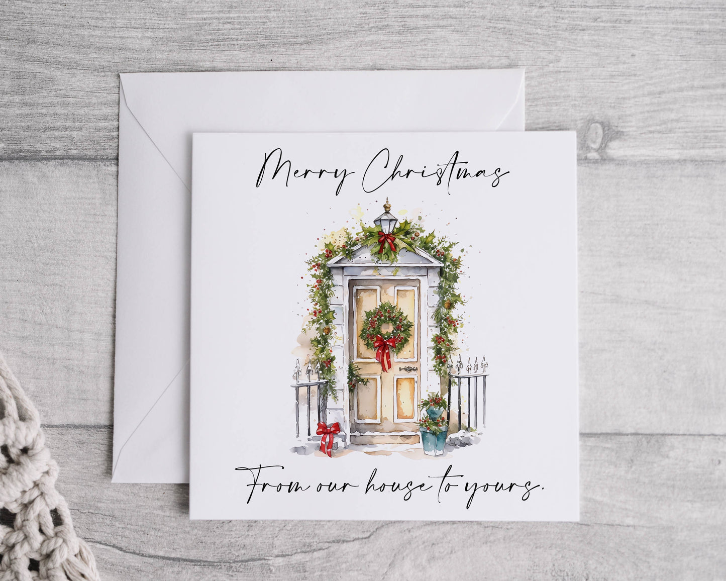 Personalised Watercolour Door Christmas Card, Linen Texture