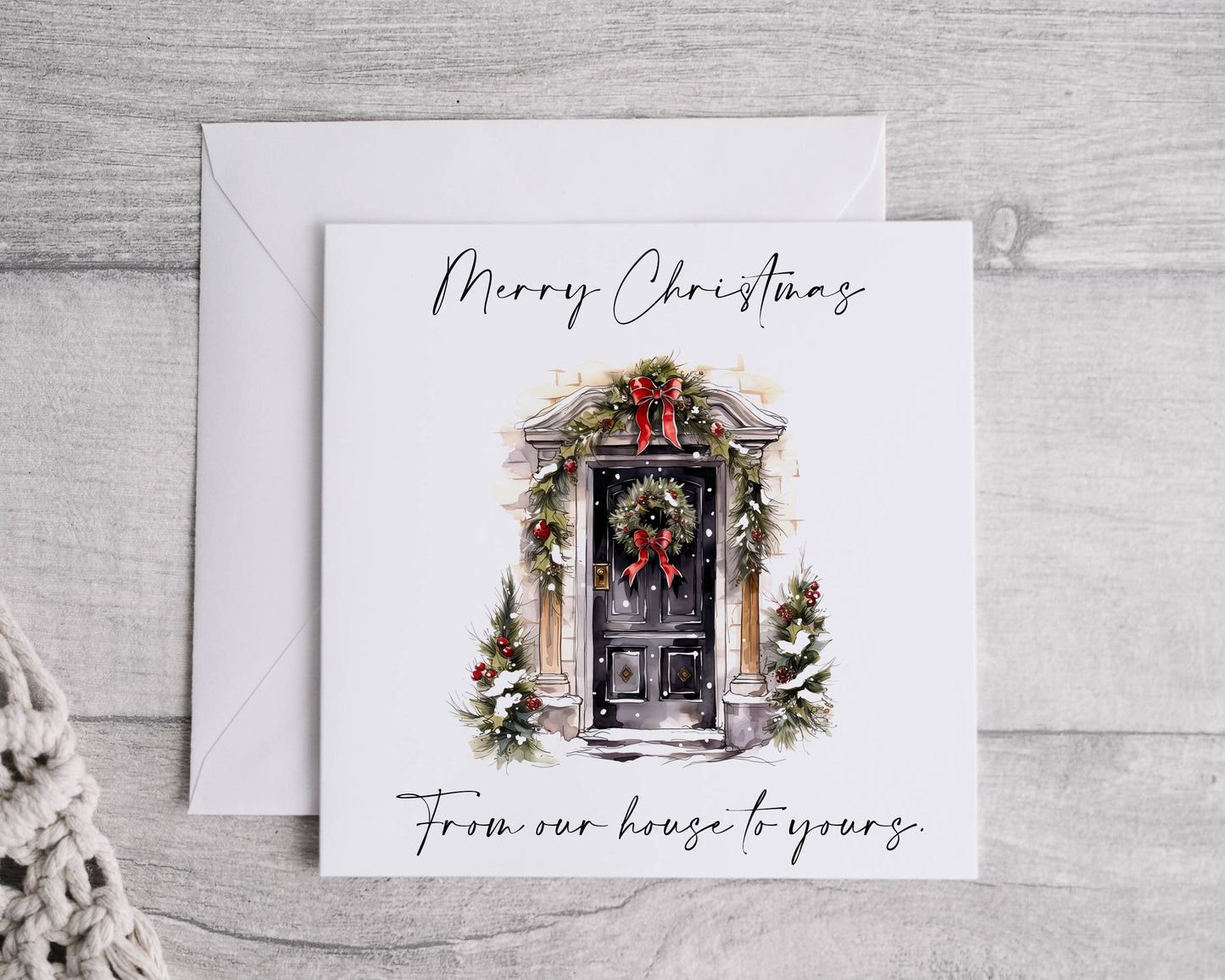 Personalised Watercolour Door Christmas Card, Linen Texture