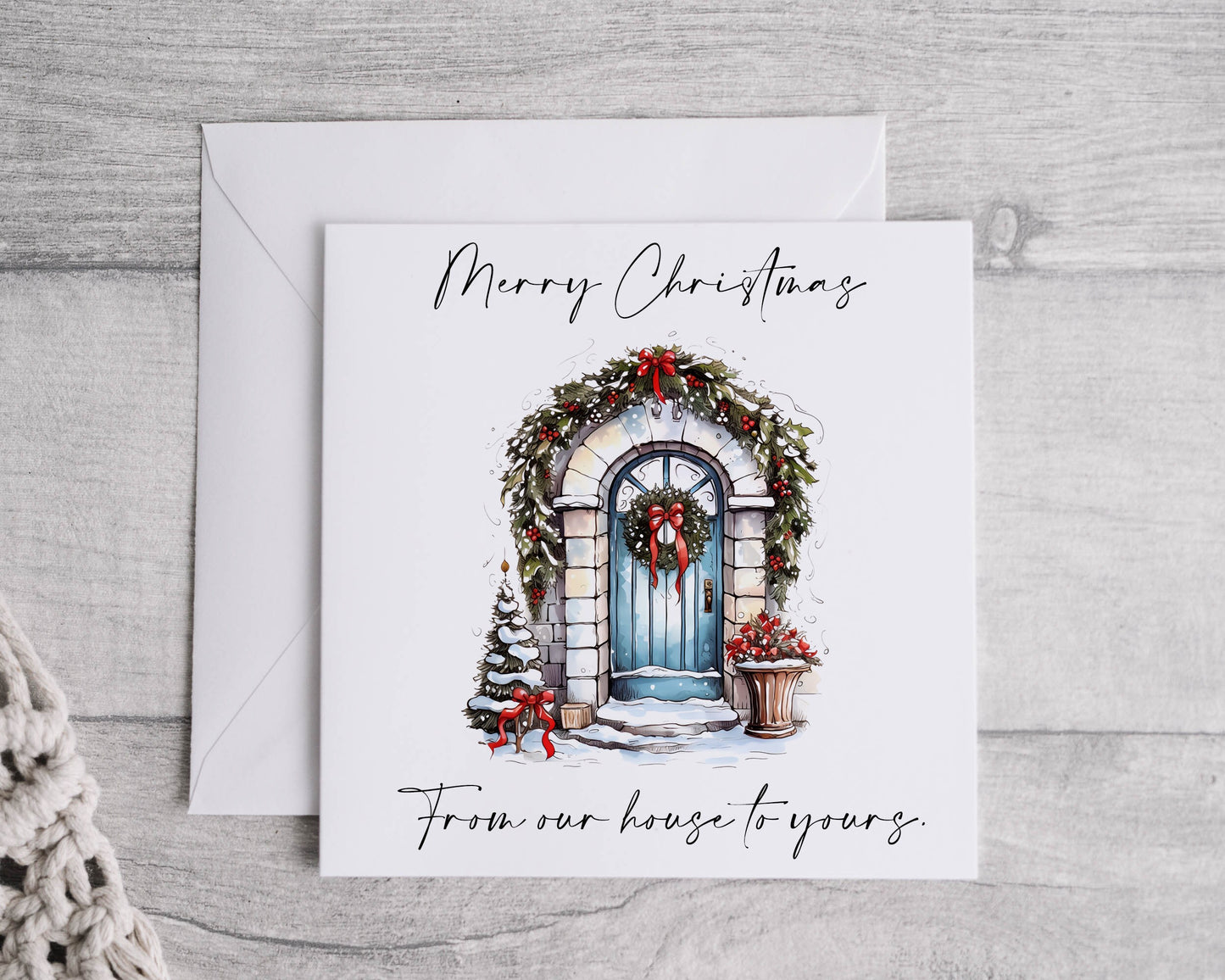 Personalised Watercolour Door Christmas Card, Linen Texture