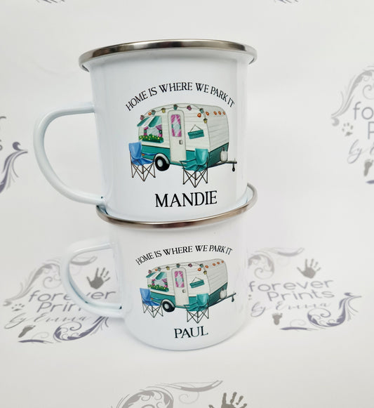 Personalised Enamel Caravan Mug, Camper Gift