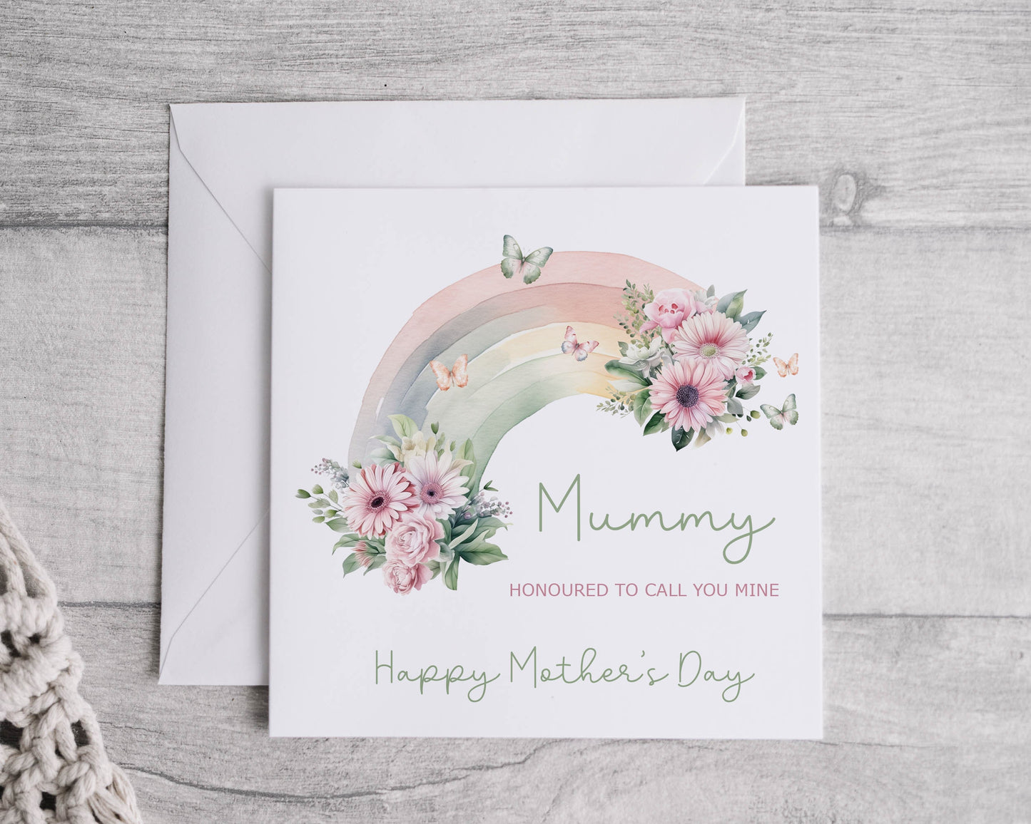 Personalised Floral Rainbow Mother's Day Card, Linen Effect