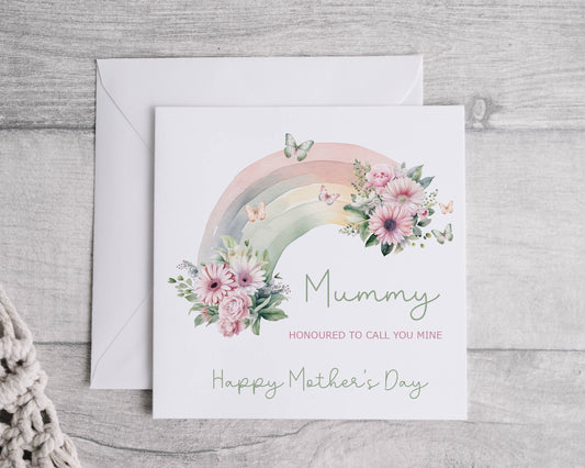 Personalised Floral Rainbow Mother's Day Card, Linen Effect