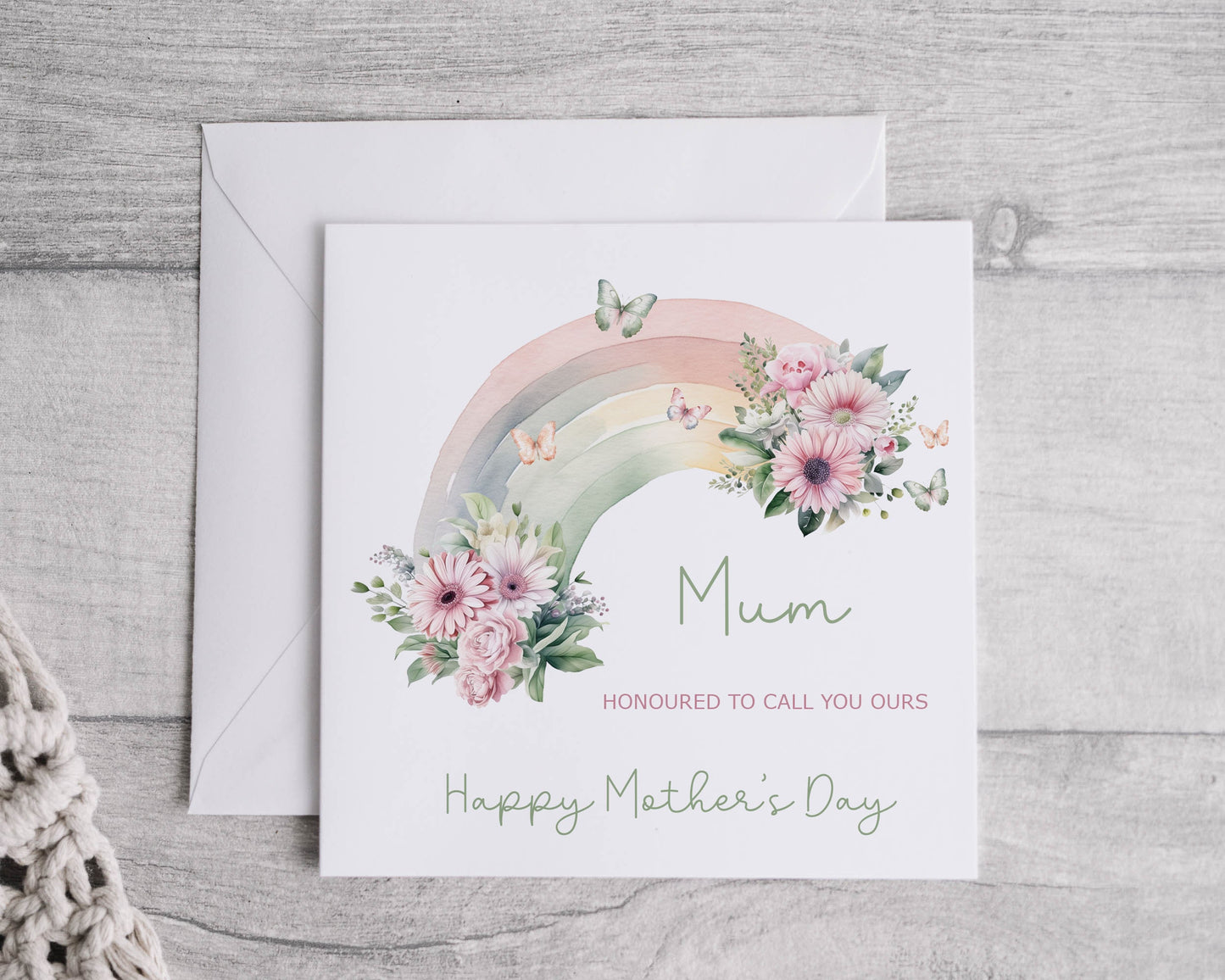 Personalised Floral Rainbow Mother's Day Card, Linen Effect