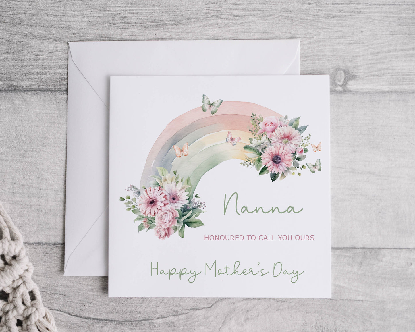 Personalised Floral Rainbow Mother's Day Card, Linen Effect
