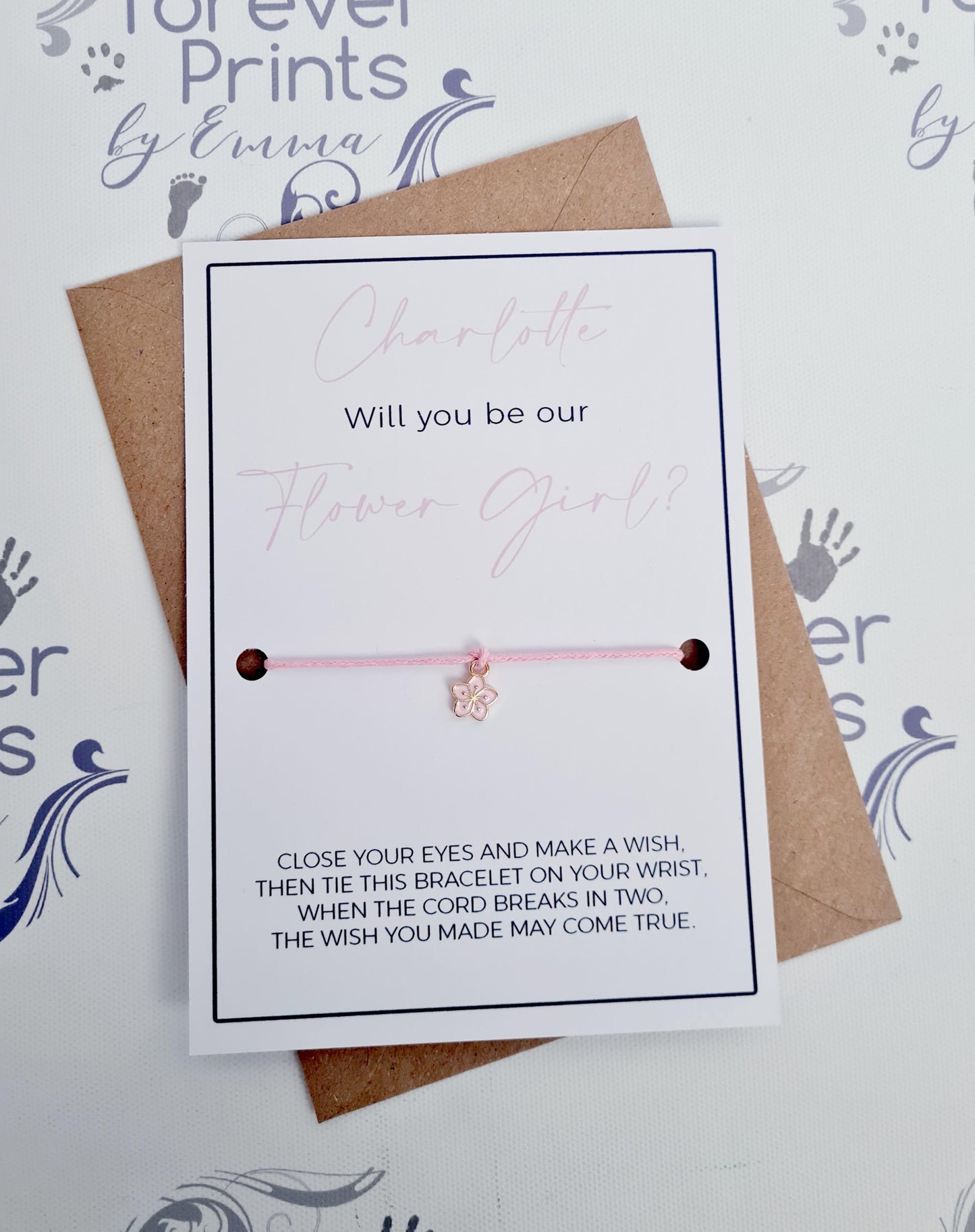 Flower Girl Wish Bracelet, Pink Flower Charm, Wedding Favour