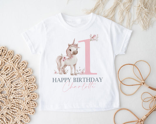 Personalised Unicorn Birthday T-shirt, Girl's Soft Cotton Tee