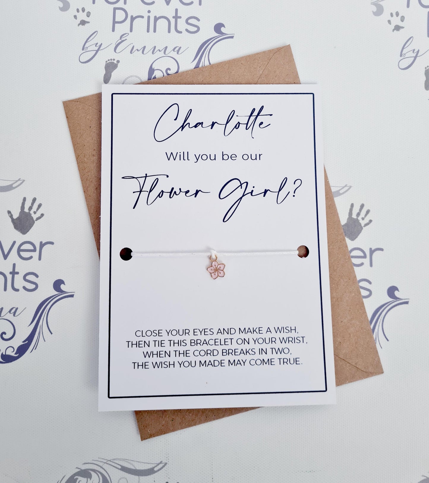 Flower Girl Wish Bracelet, Pink Flower Charm, Wedding Favour
