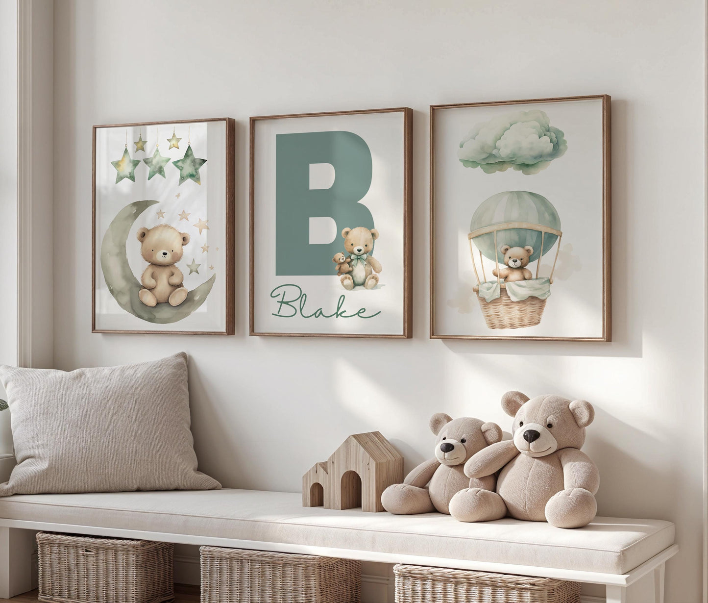 Teddy Bear Nursery Prints, Set of 3, Personalised Wall Art