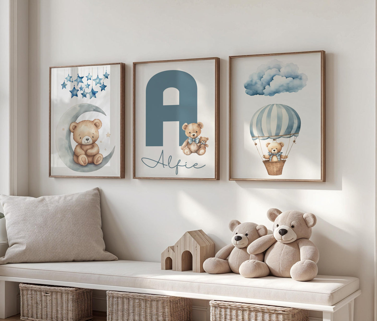 Teddy Bear Nursery Prints, Set of 3, Personalised Wall Art