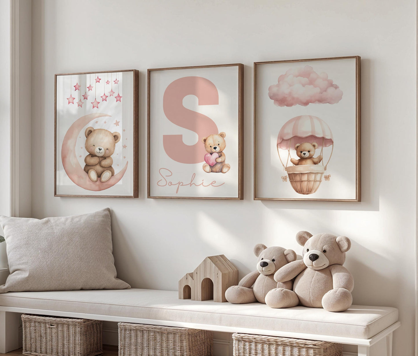 Teddy Bear Nursery Prints, Set of 3, Personalised Wall Art
