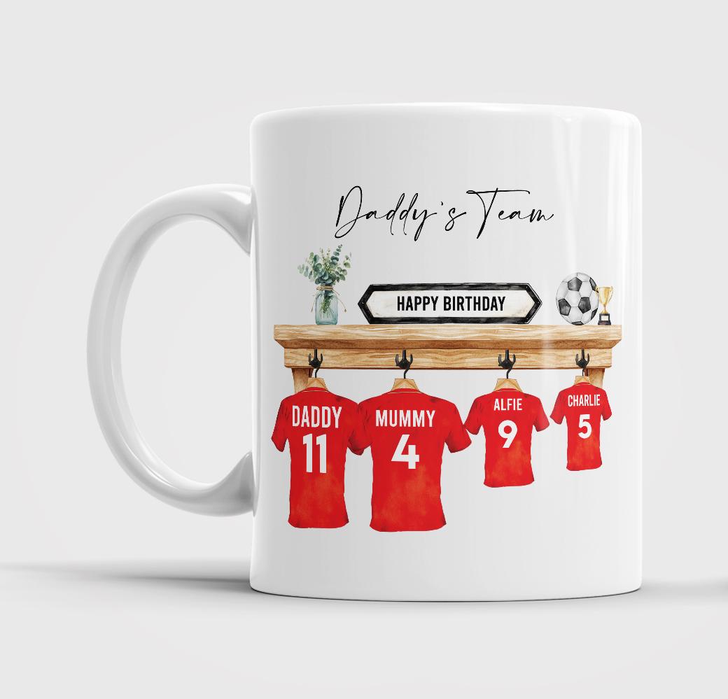 Personalised Daddy's Dream Team Mug, Football Shirt Family Cup