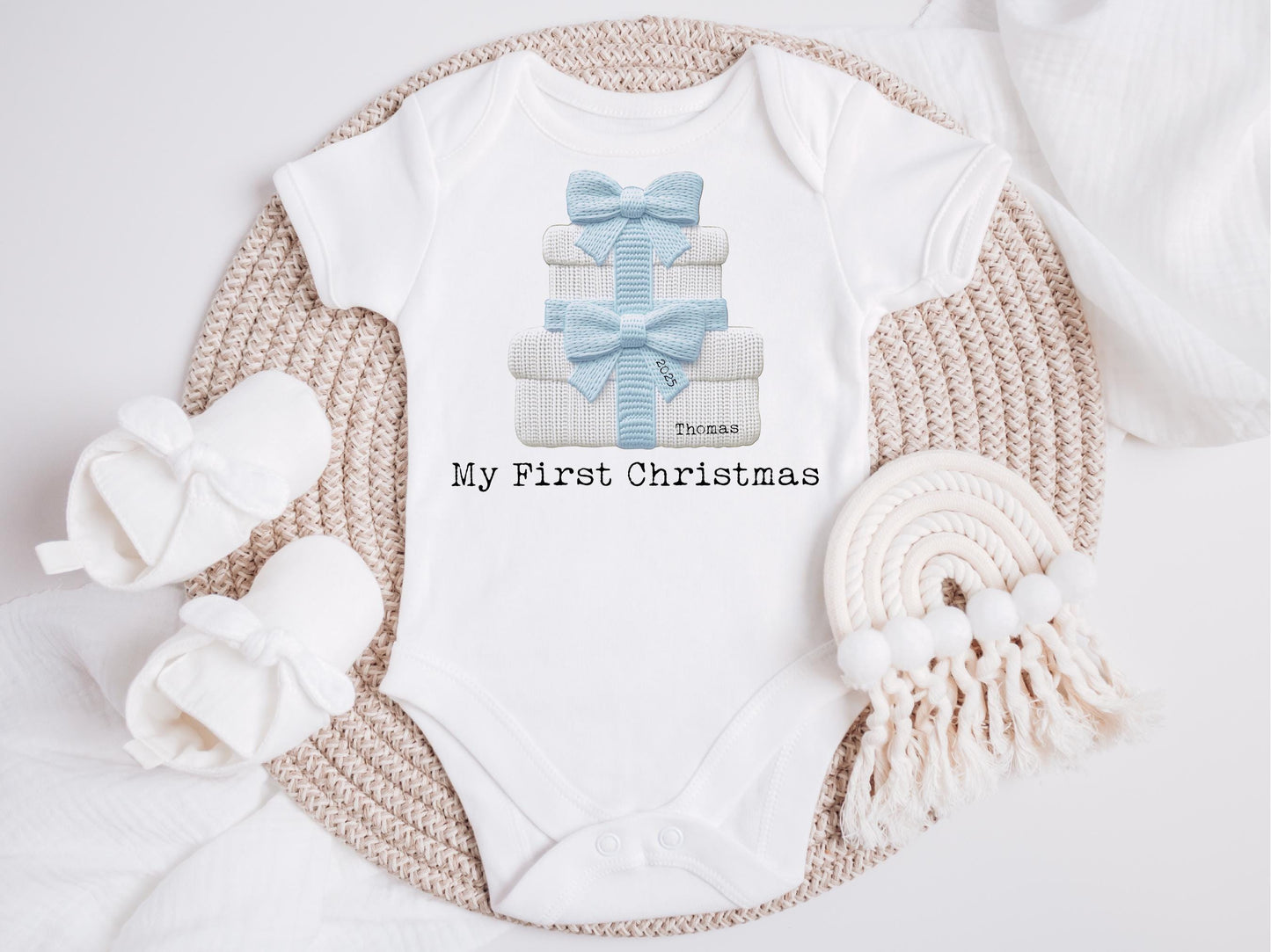 Personalised First Christmas Baby Bodysuit, Embroidery Effect