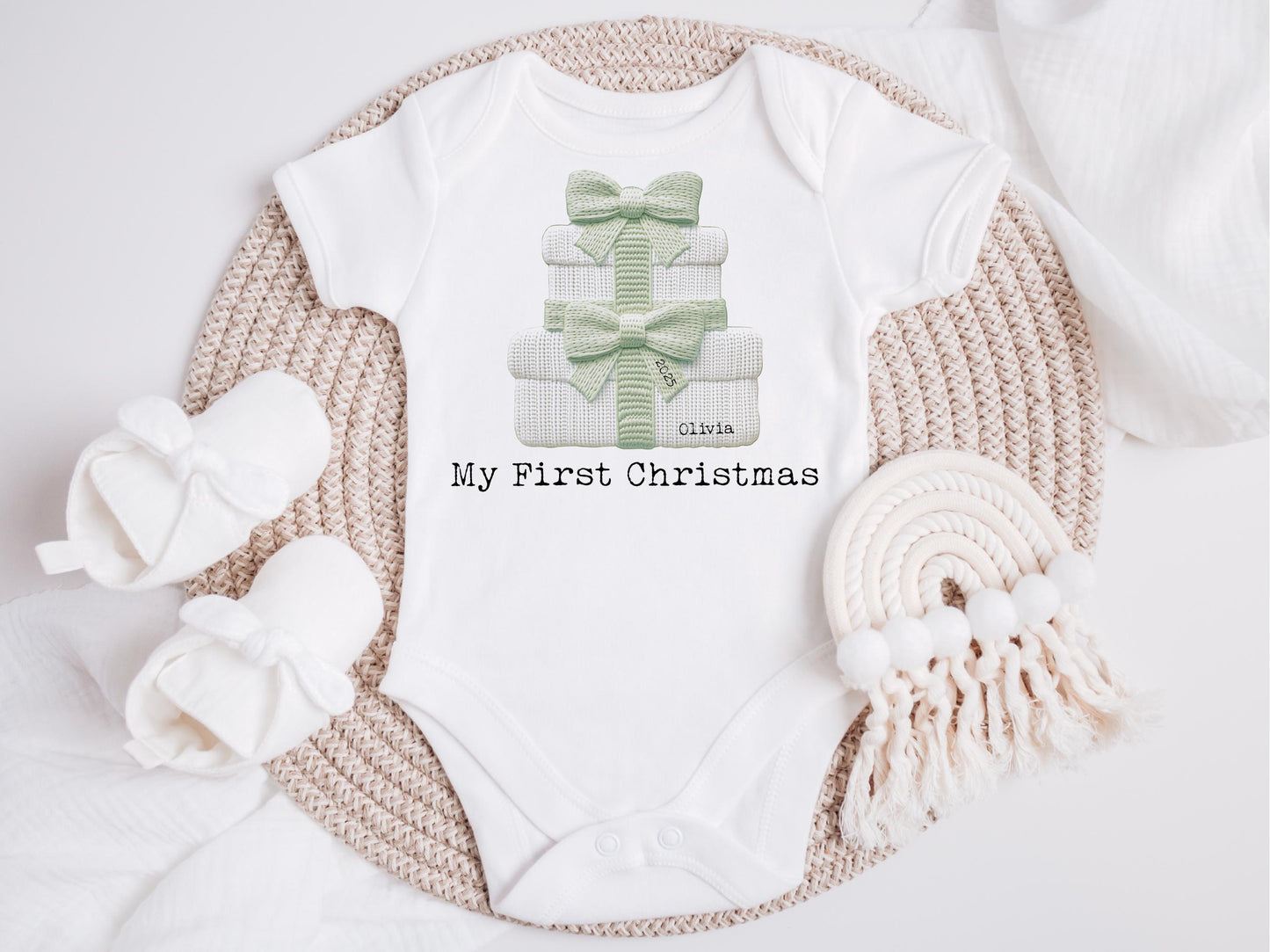 Personalised First Christmas Baby Bodysuit, Embroidery Effect