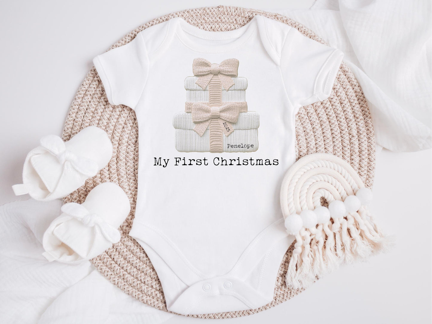 Personalised First Christmas Baby Bodysuit, Embroidery Effect