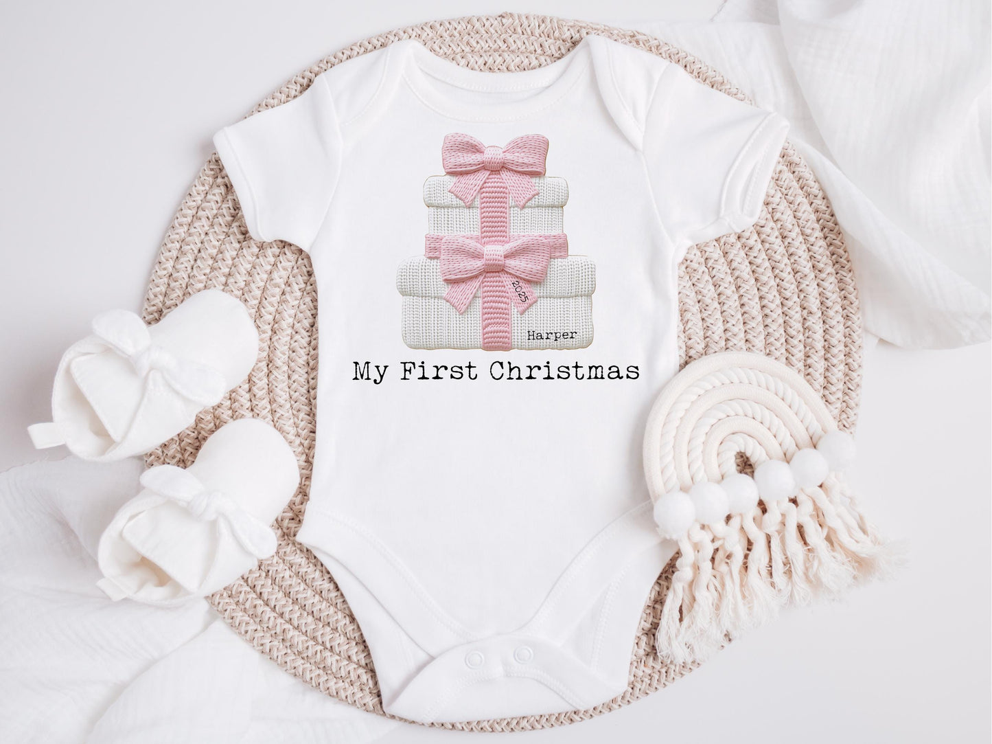 Personalised First Christmas Baby Bodysuit, Embroidery Effect