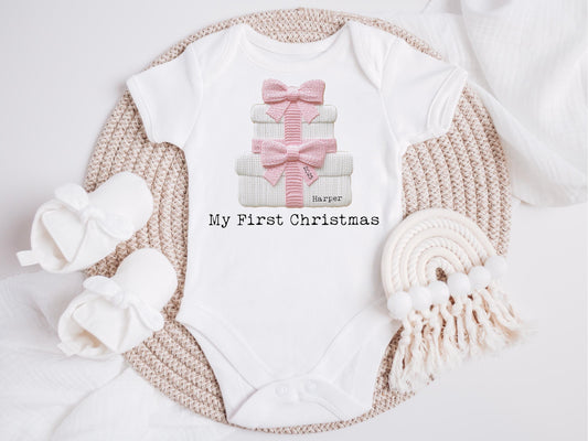 Personalised First Christmas Baby Bodysuit, Embroidery Effect