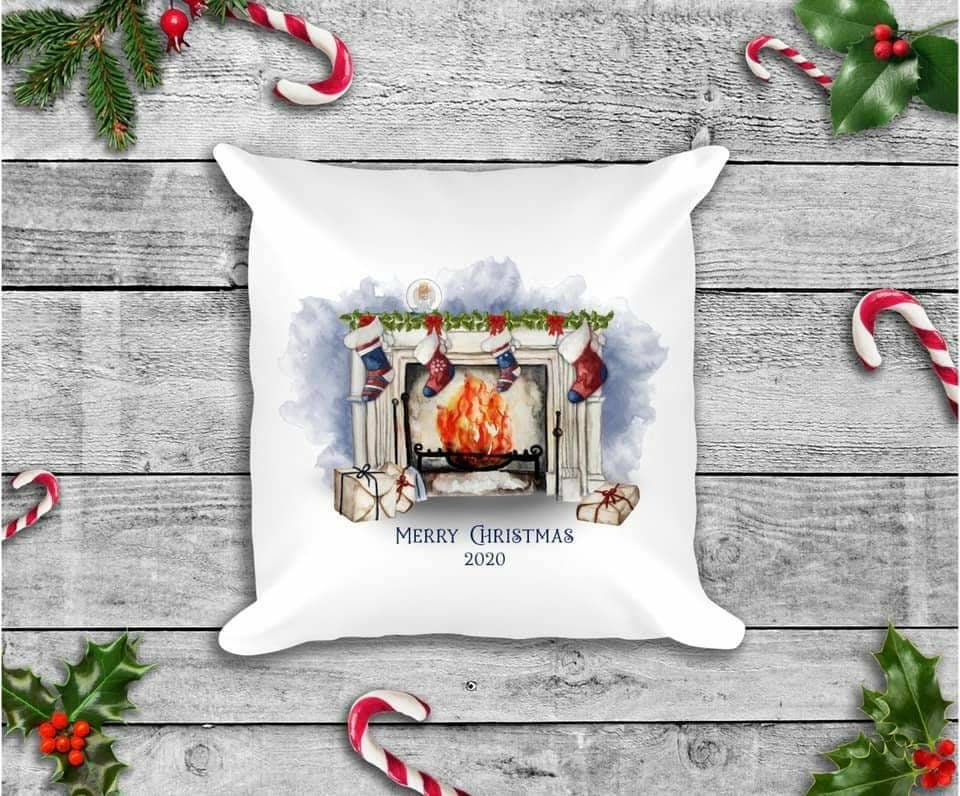 Christmas pillow, fireplace cushion with stockings personalised