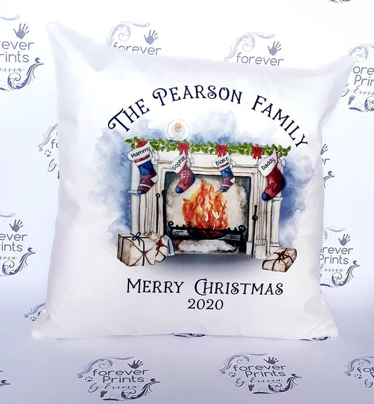 Christmas pillow, fireplace cushion with stockings personalised