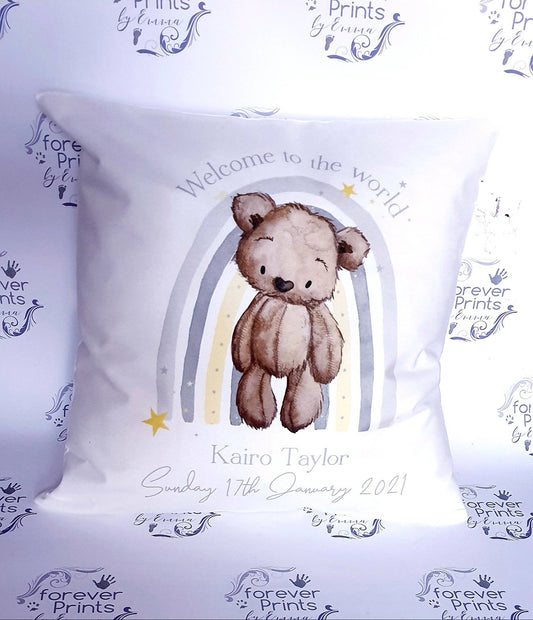 Baby rainbow cushion, personalised.