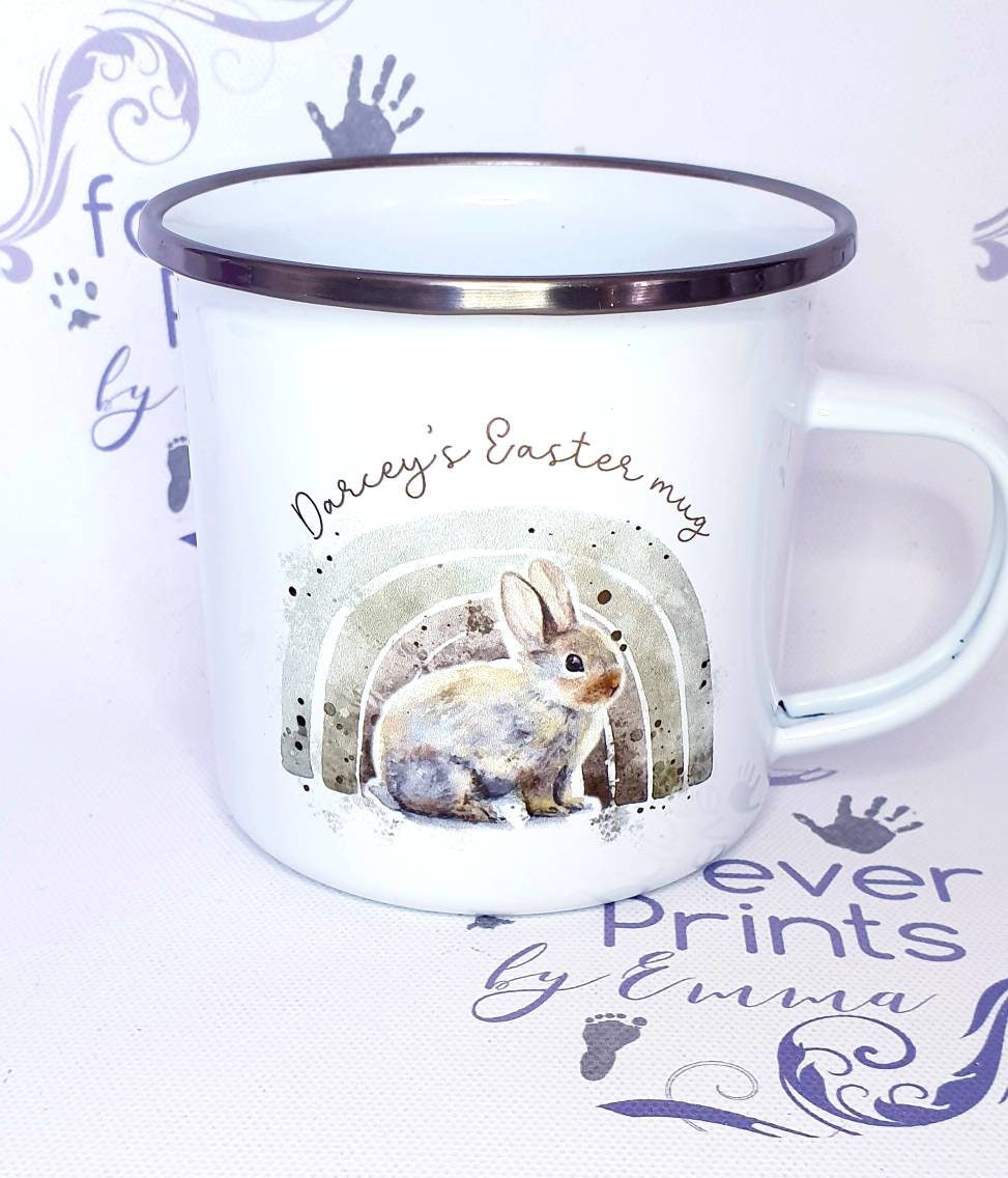 Easter gift, Enamel mug, personalised children's mug,  enamel Easter mug, hot chocolate Easter mug