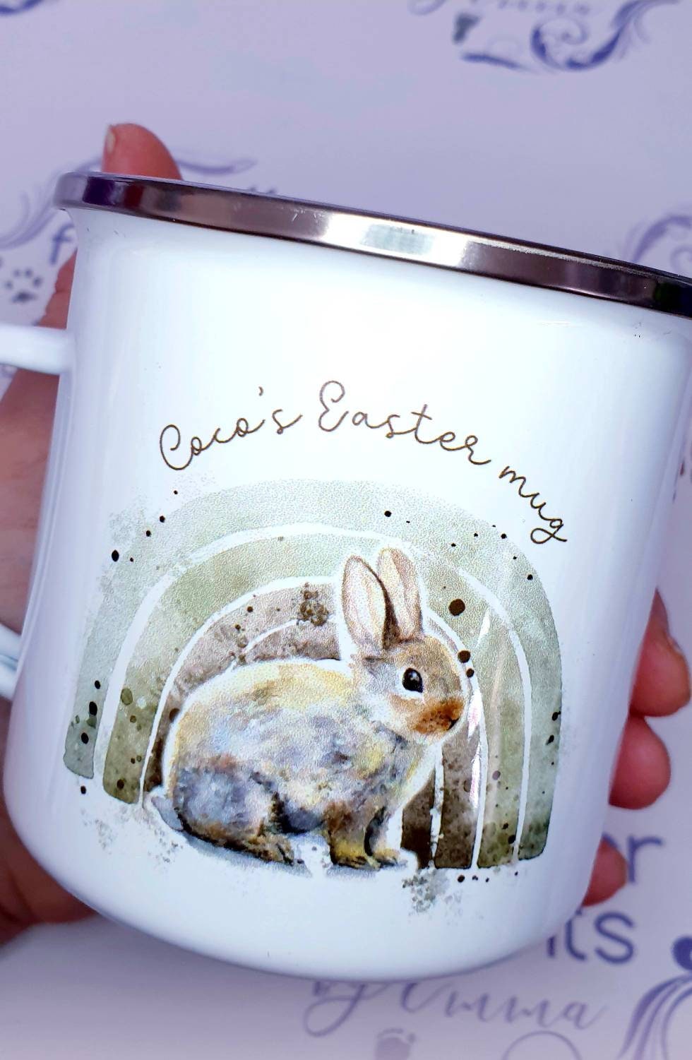 Easter gift, Enamel mug, personalised children's mug,  enamel Easter mug, hot chocolate Easter mug