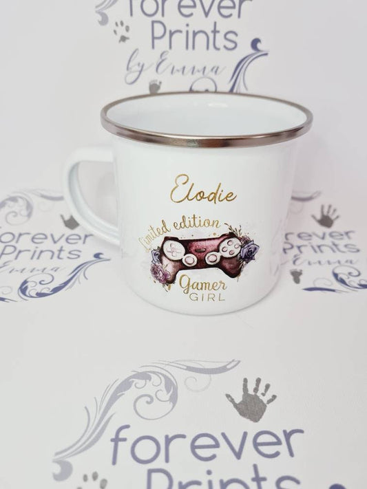 girl gamer mug, enamel gamer cup, gamer gift