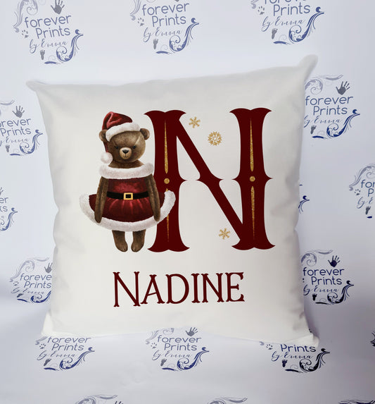 Christmas teddy alphabet pillow, Christmas bear cushion personalised, children's Christmas gift