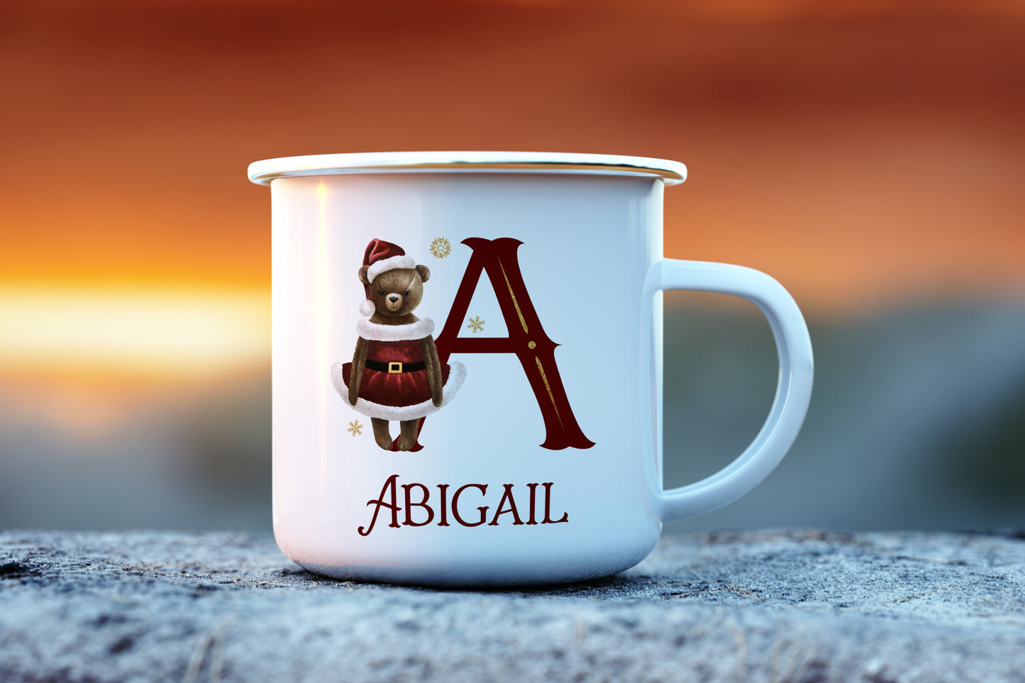 Enamel mug, personalised children's mug,  enamel bear alphabet Christmas mug, hot chocolate Christmas mug