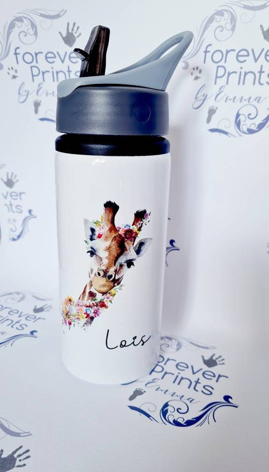 Metal water bottle - personalised giraffe bottle - school water bottle -fine art giraffe water bottle