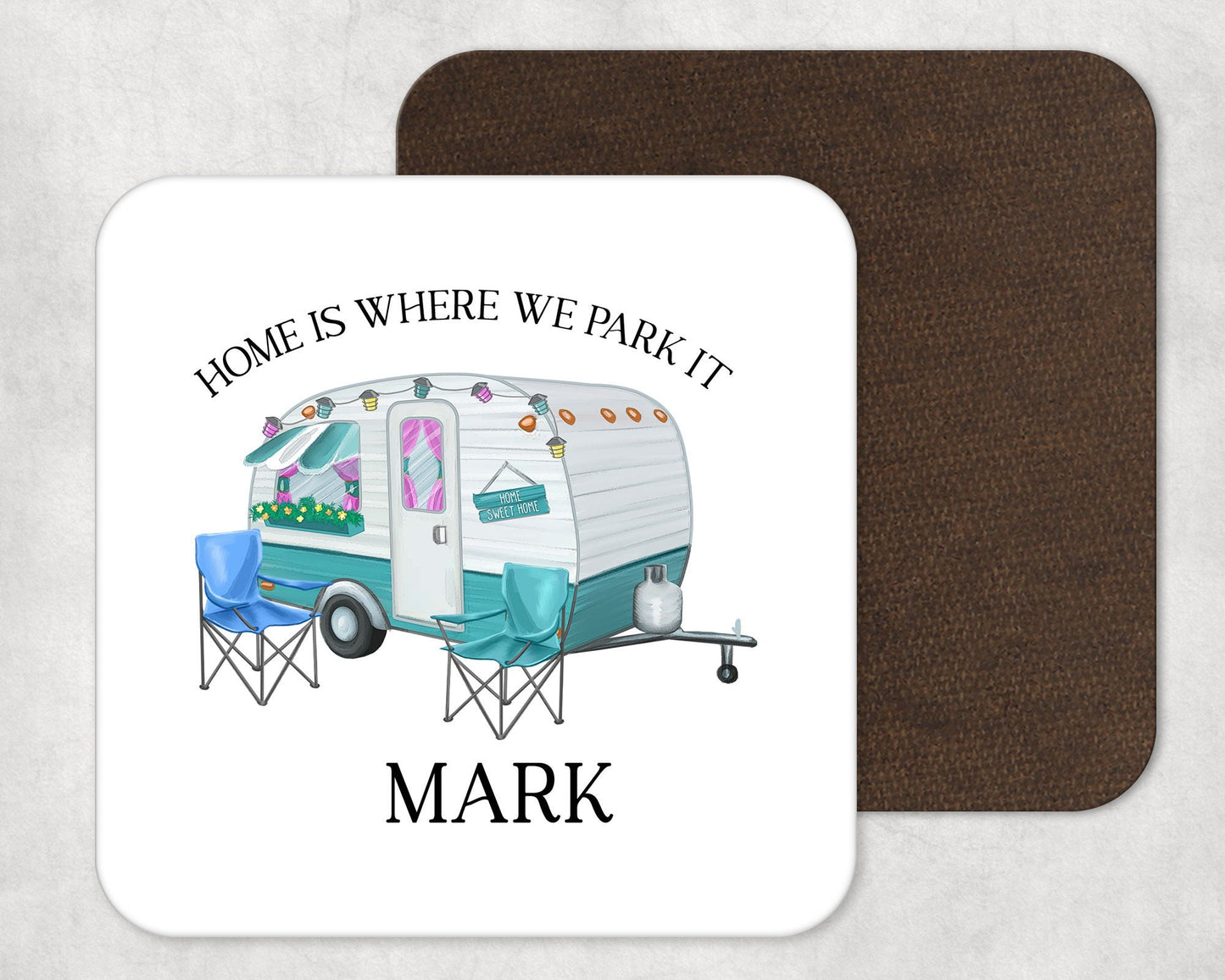 enamel caravan mug, caravan coaster, caravan gift, home is where we park it