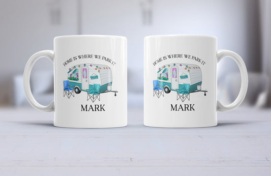 caravan mug, caravan coaster, caravan gift, home is where we park it