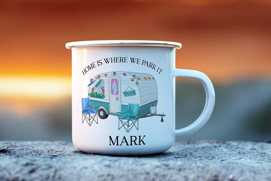 enamel caravan mug, caravan coaster, caravan gift, home is where we park it