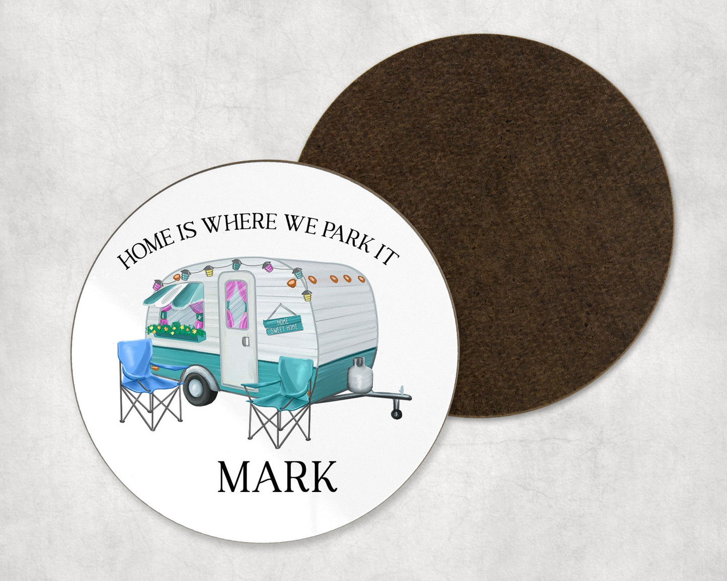 enamel caravan mug, caravan coaster, caravan gift, home is where we park it