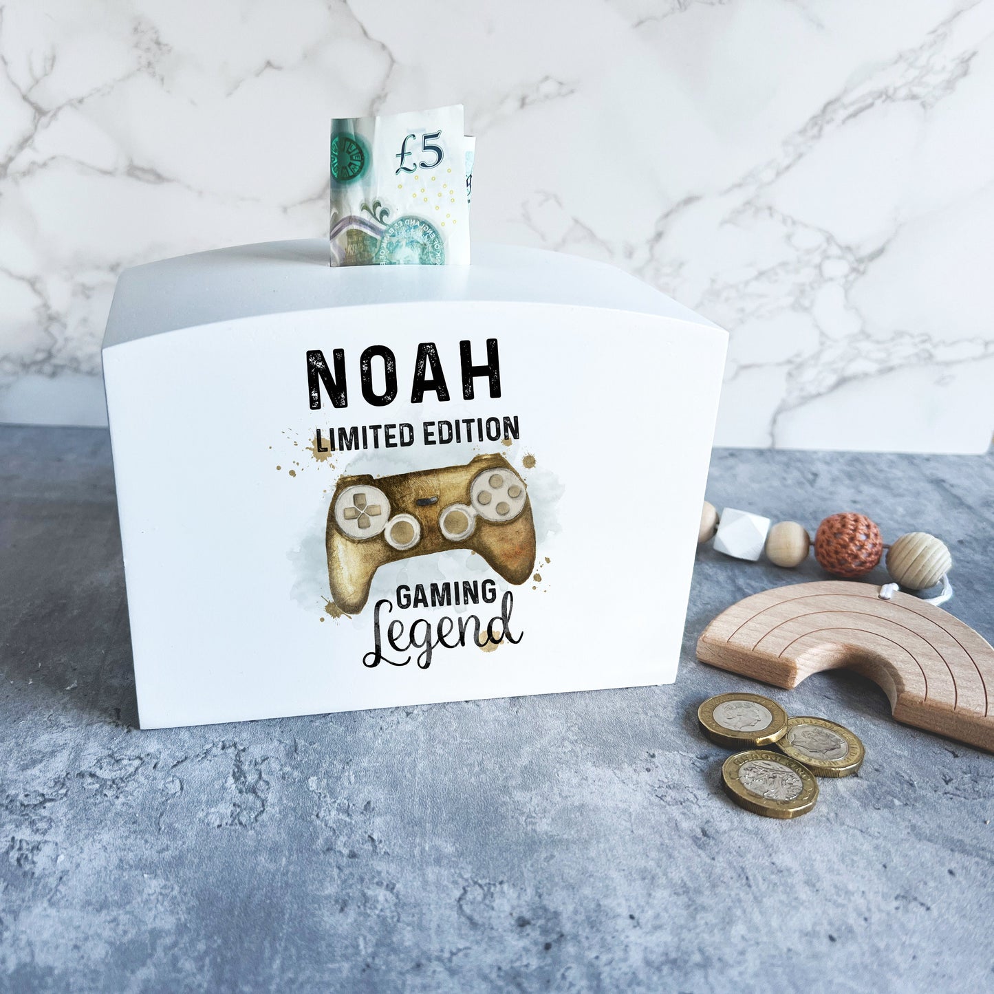 Wooden gamer money box, personalised money box.