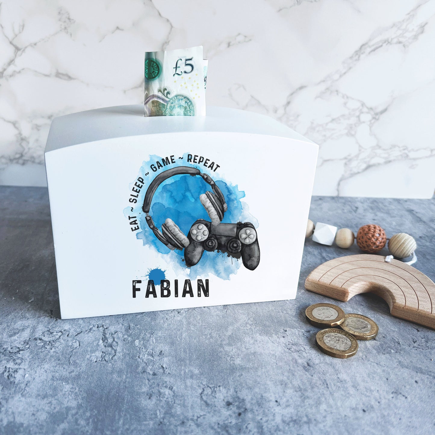 Wooden gamer money box, personalised money box.