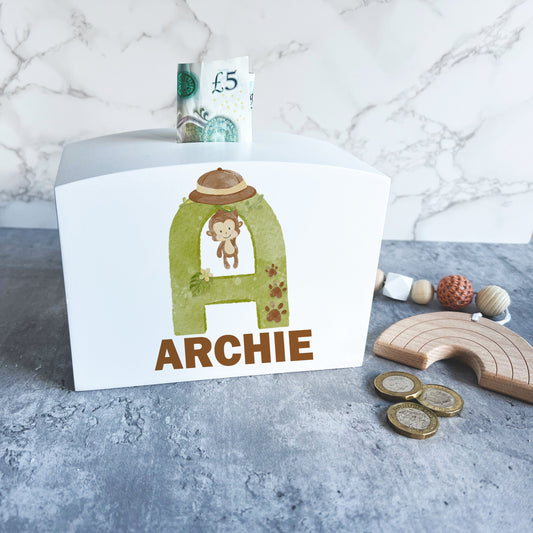 Wooden Safari money box, personalised money box.