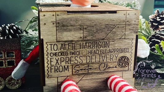 Elf prop arrival box engraved wood, personalised.